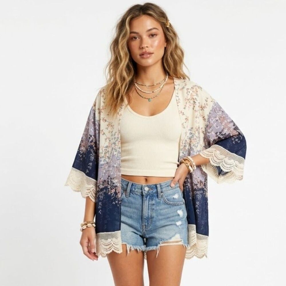 Listicle Boho Floral Lace-Trim Kimono Lightweight Cardigan Rayon Cotton SZ S